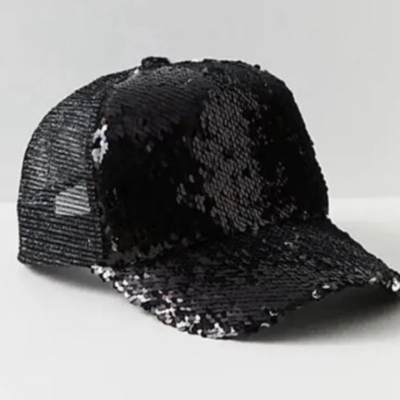 Free People Be The Difference Black Sequin Trucker Baseball Cap Hat OS NWOT $38 - Picture 1 of 6